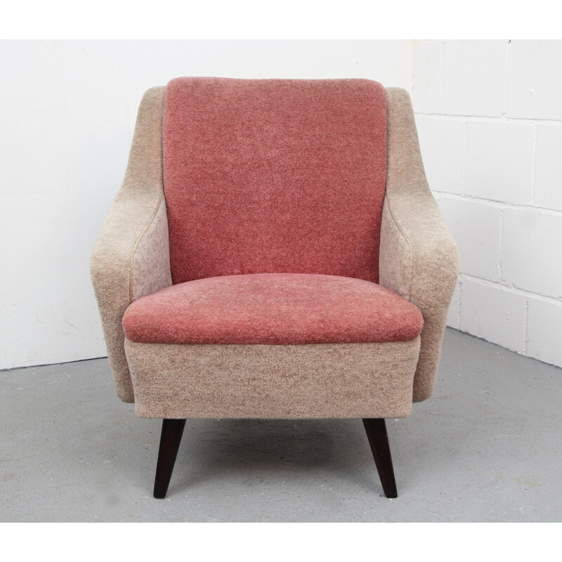 Bicolour armchair in beige and light pink velvet - 1950s