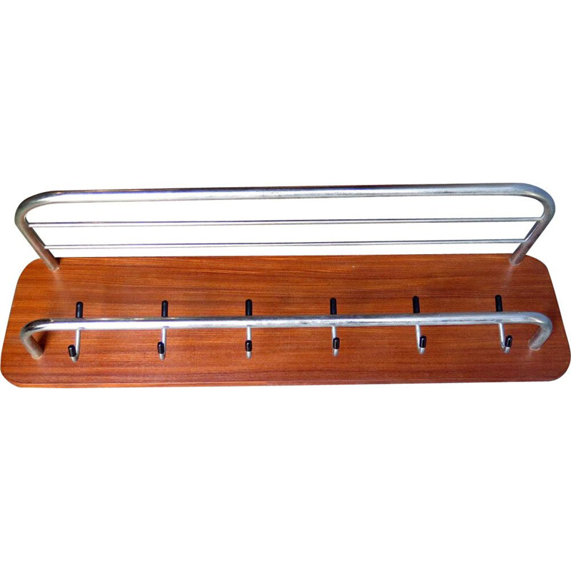 Vintage coat rack in wood and chrome metal, 1950s