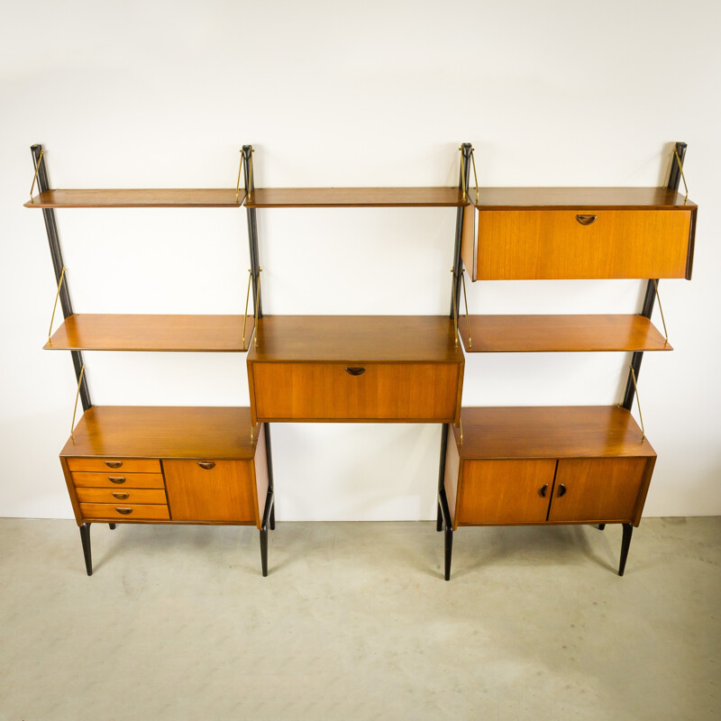 Large wall unit in teak with brass elements, Louis van TEEFFELEN - 1950s