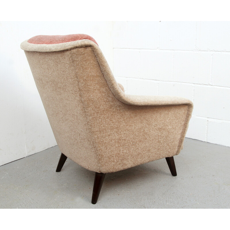 Bicolour armchair in beige and light pink velvet - 1950s