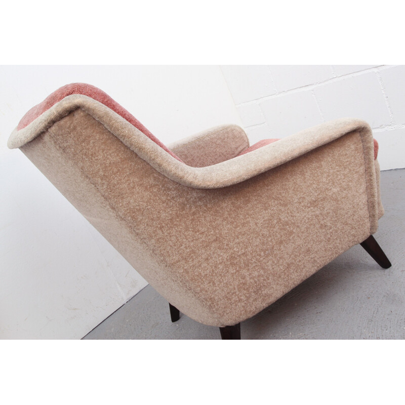 Bicolour armchair in beige and light pink velvet - 1950s