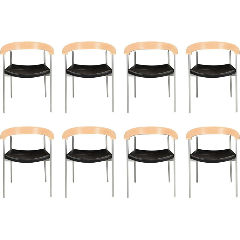 Set of 8 vintage Johannes Foersom steel and beechwood armchairs by Paustian, 1990