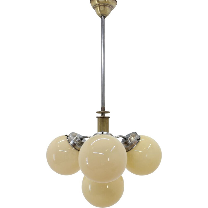 Vintage art Deco chandelier in brass and glass, 1930s
