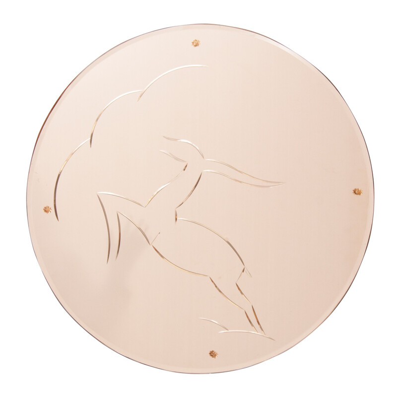 Art Deco Mirror with Leaping Gazelle Design on Peach Mirror Glass