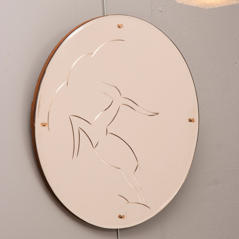 Art Deco Mirror with Leaping Gazelle Design on Peach Mirror Glass