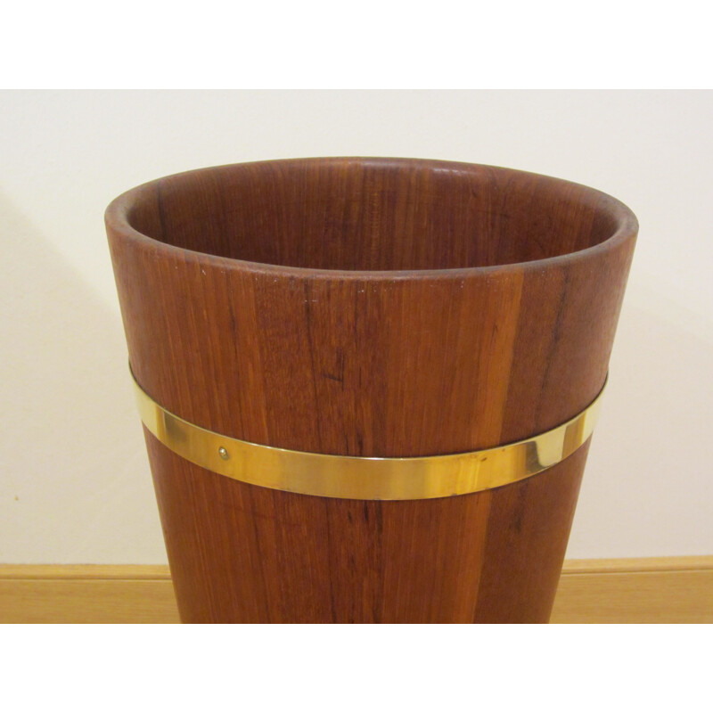 Vintage Scandinavian umbrella holder in solid teak and brass