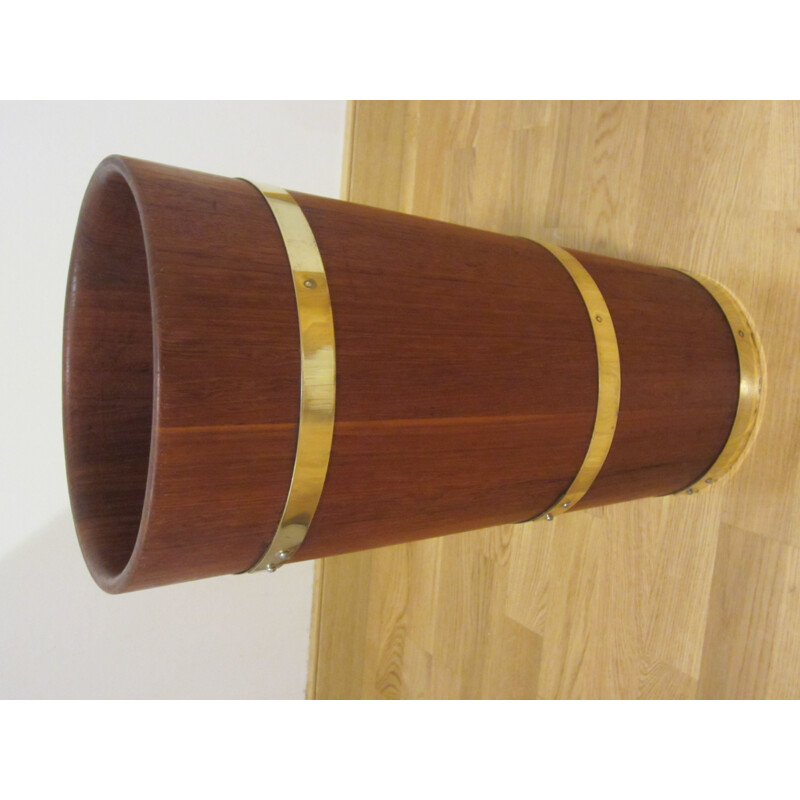 Vintage Scandinavian umbrella holder in solid teak and brass