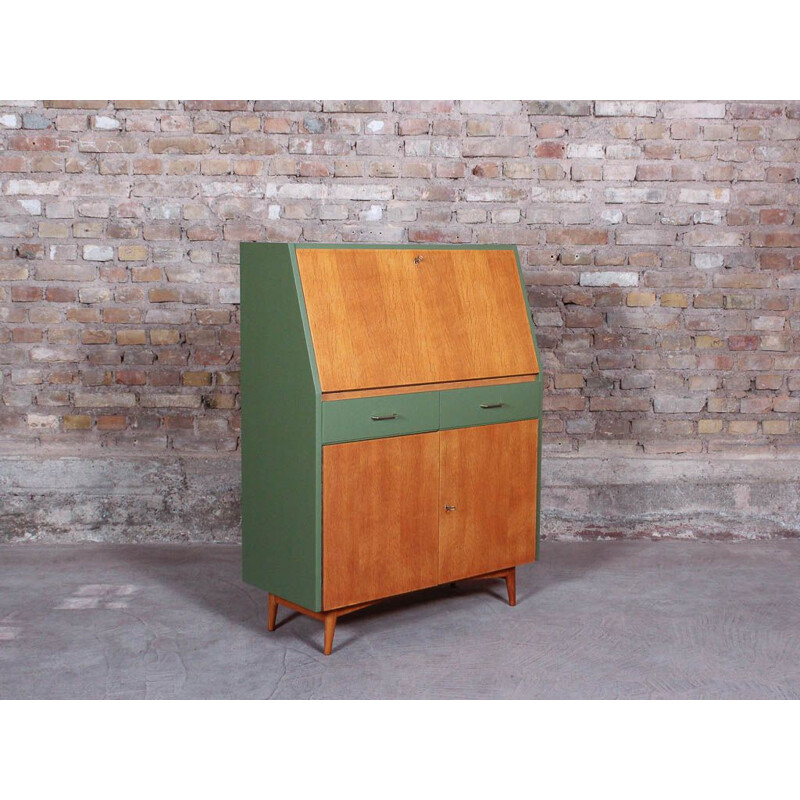 Vintage wooden and olive green secretary, 1950s