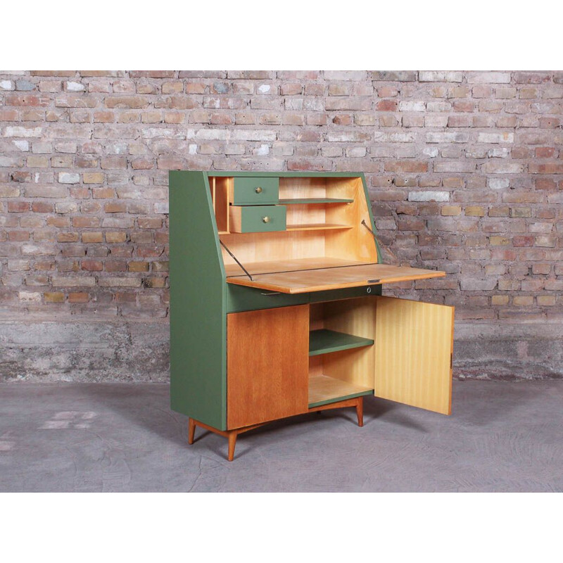 Vintage wooden and olive green secretary, 1950s