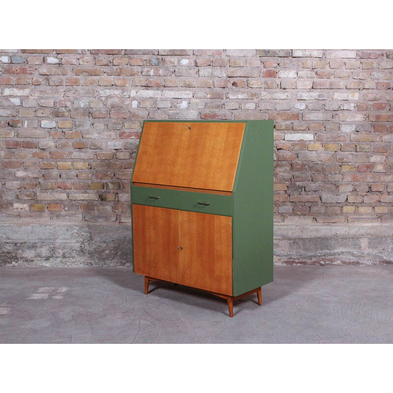 Vintage wooden and olive green secretary, 1950s