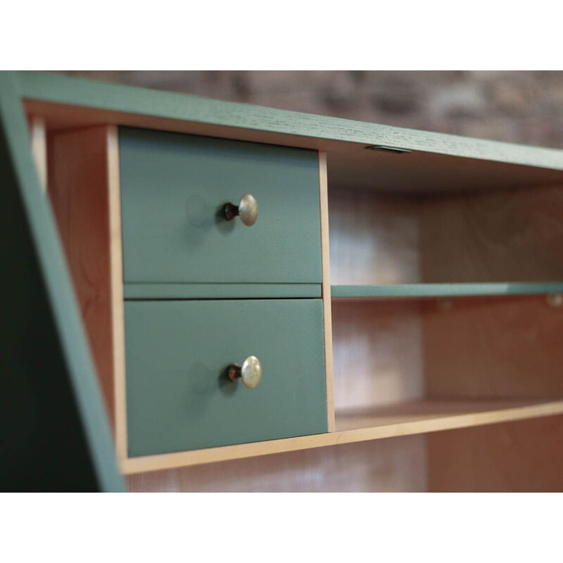 Vintage wooden and olive green secretary, 1950s