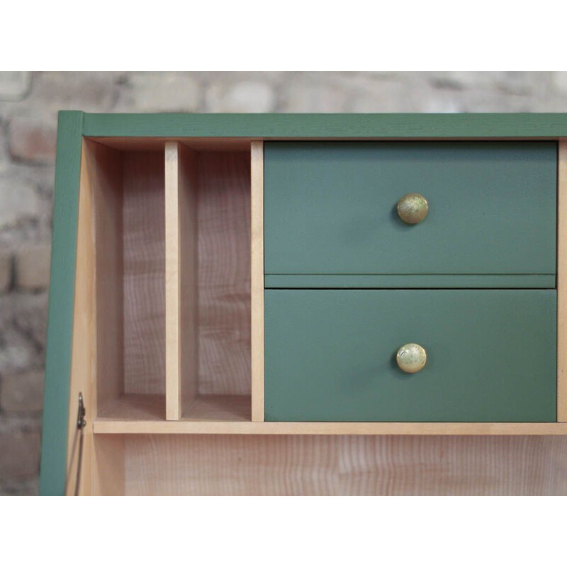 Secrétaire vintage en bois et vert olive, 1950