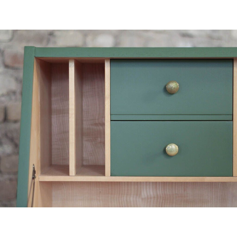 Vintage wooden and olive green secretary, 1950s