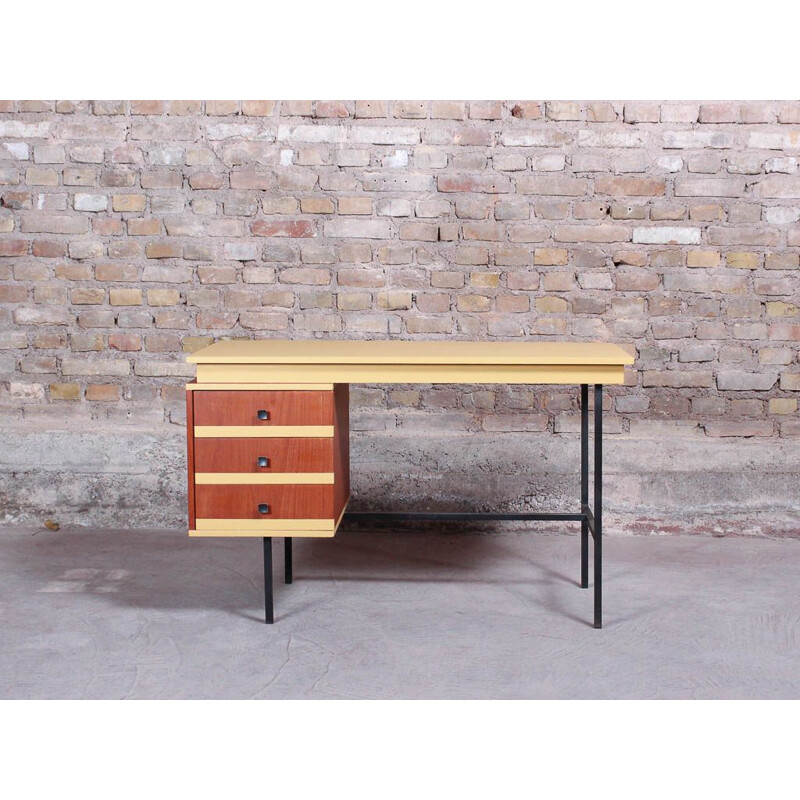 Bureau vintage à 3 tiroirs en teck et acier noir vintage 1960