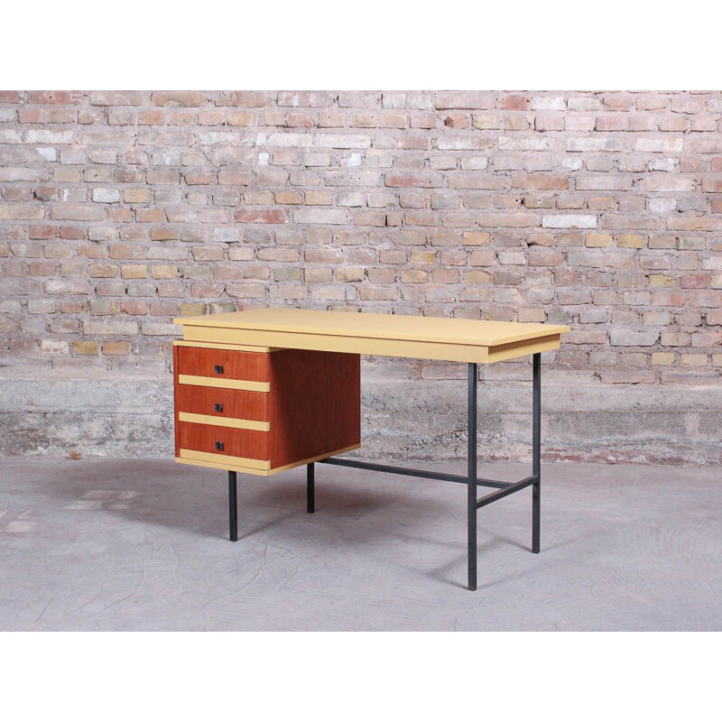 Vintage teak and black steel 3-drawer desk vintage 1960