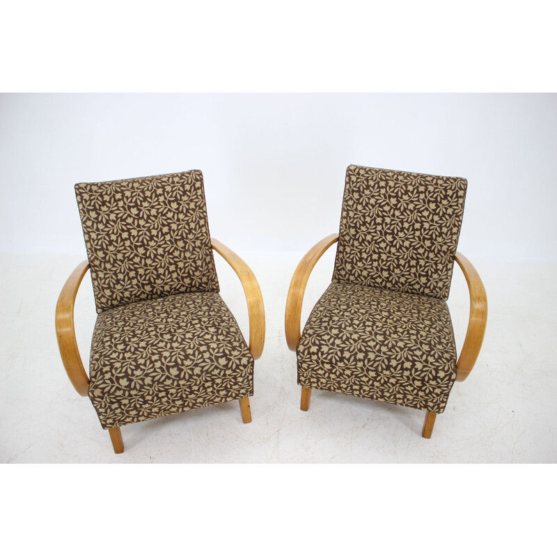 Pair of vintage wooden armchairs in fabric designed by Jindřich Halabala, Czechoslovakia 1960