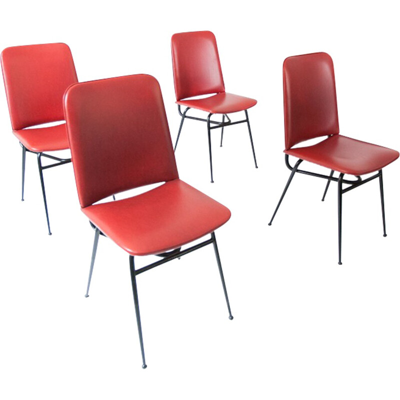 Set of 4 Italian dinning chairs in red skai and metal - 1950s