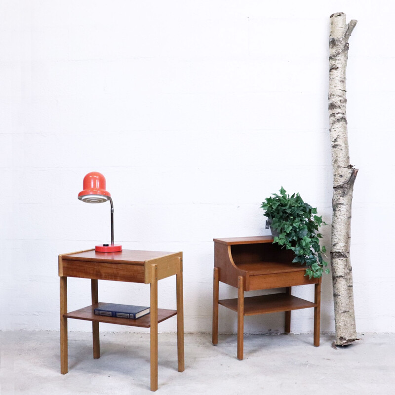 Pair of vintage teak mismatched bedside tables in teak, 1960