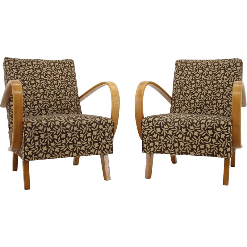 Pair of vintage wooden armchairs in fabric designed by Jindřich Halabala, Czechoslovakia 1960