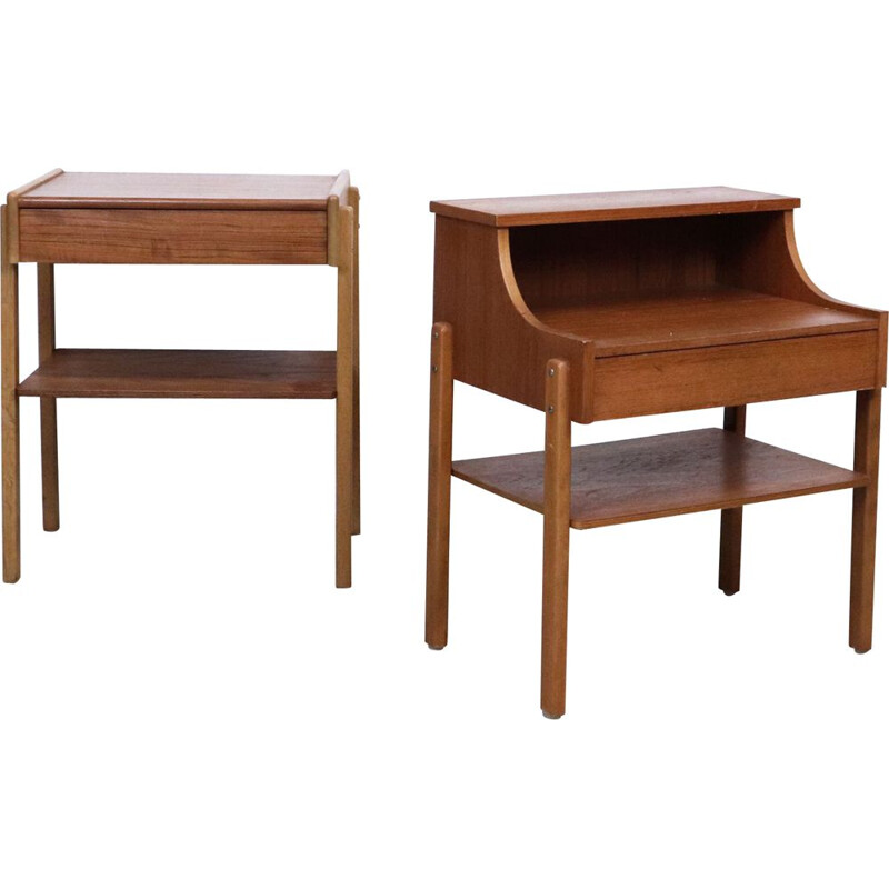 Pair of vintage teak mismatched bedside tables in teak, 1960