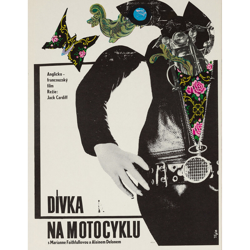Oude Tsjechische poster voor de film "The Motorcycle" van Stanislav Vajce, 1969