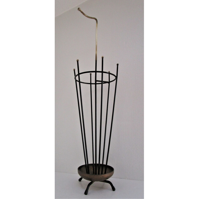 Vintage umbrella holder brass and black modernist lacquered metal 1950