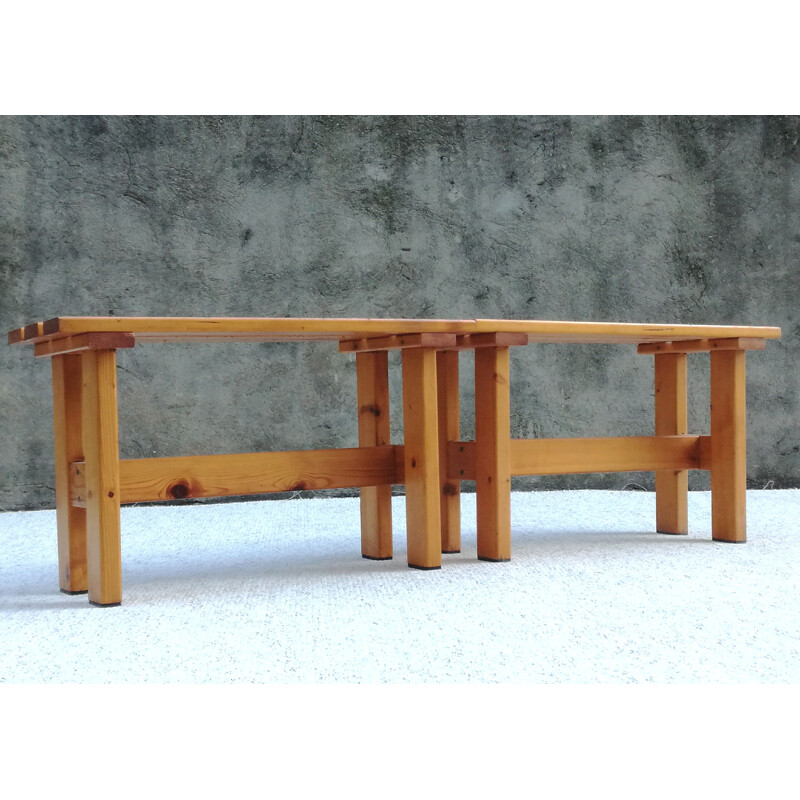 Set of 2 vintage pine slatted benches, France, 1960s