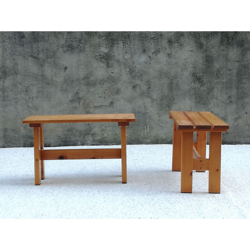 Set of 2 vintage pine slatted benches, France, 1960s