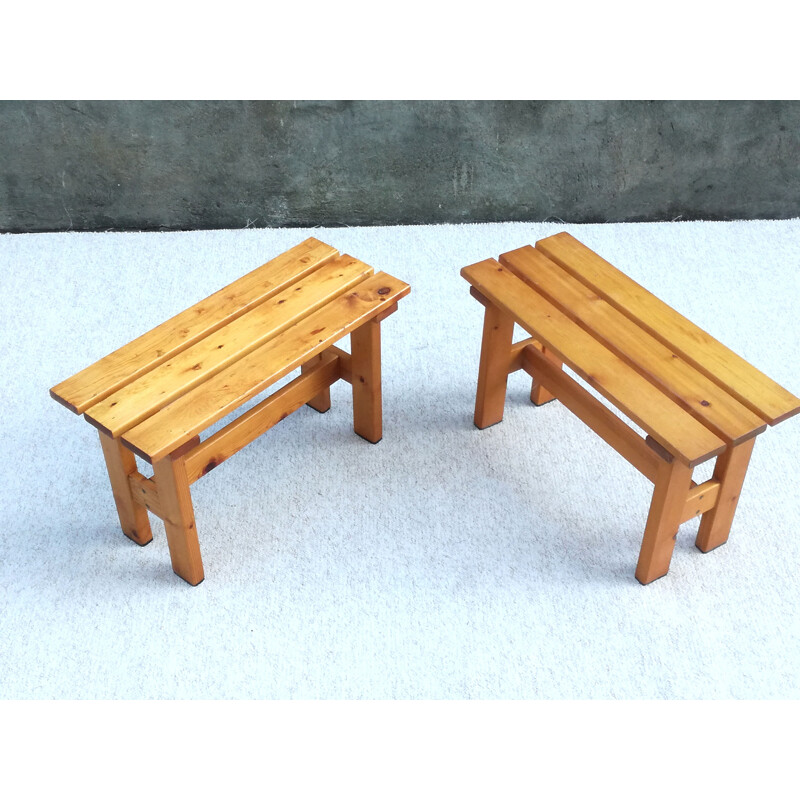 Set of 2 vintage pine slatted benches, France, 1960s