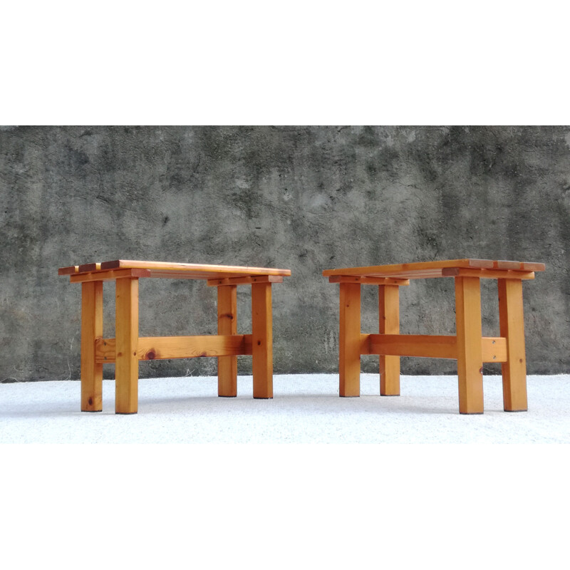 Set of 2 vintage pine slatted benches, France, 1960s