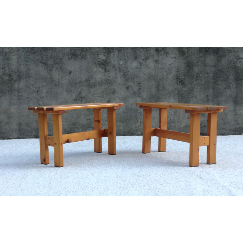 Set of 2 vintage pine slatted benches, France, 1960s