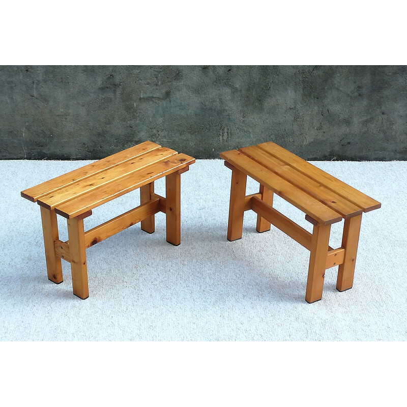 Set of 2 vintage pine slatted benches, France, 1960s