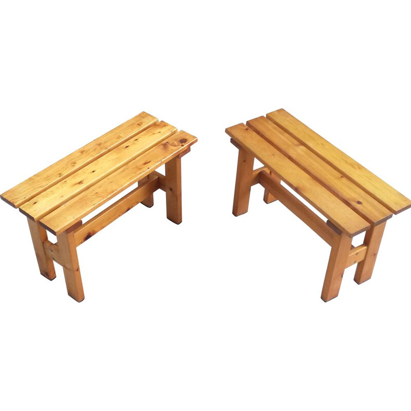 Set of 2 vintage pine slatted benches, France, 1960s