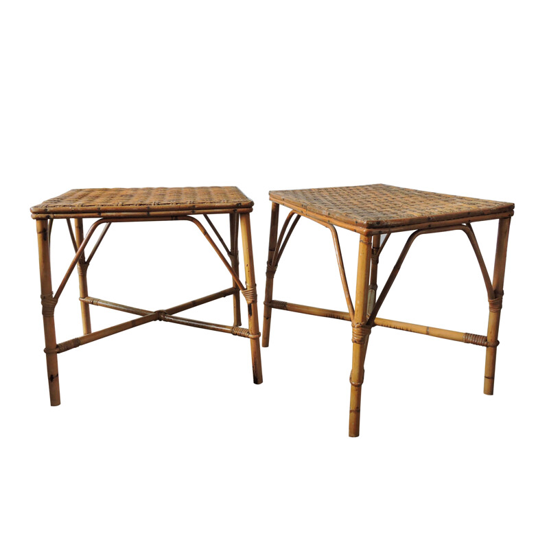 Paire de tables en bambou tressé surmontées de rotin, 1970