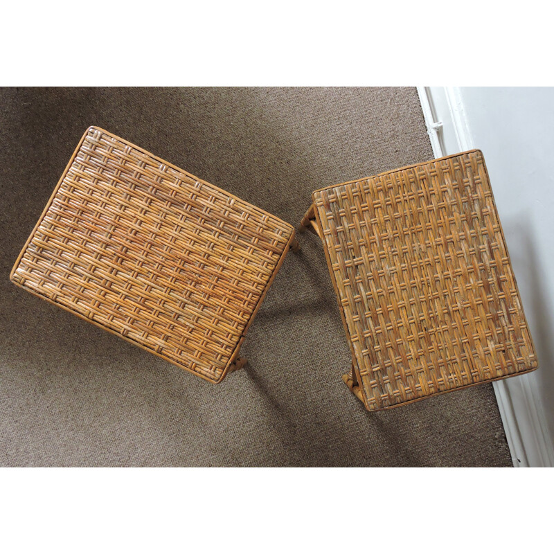 Pair of vintage bamboo woven topped rattan tables, 1970s