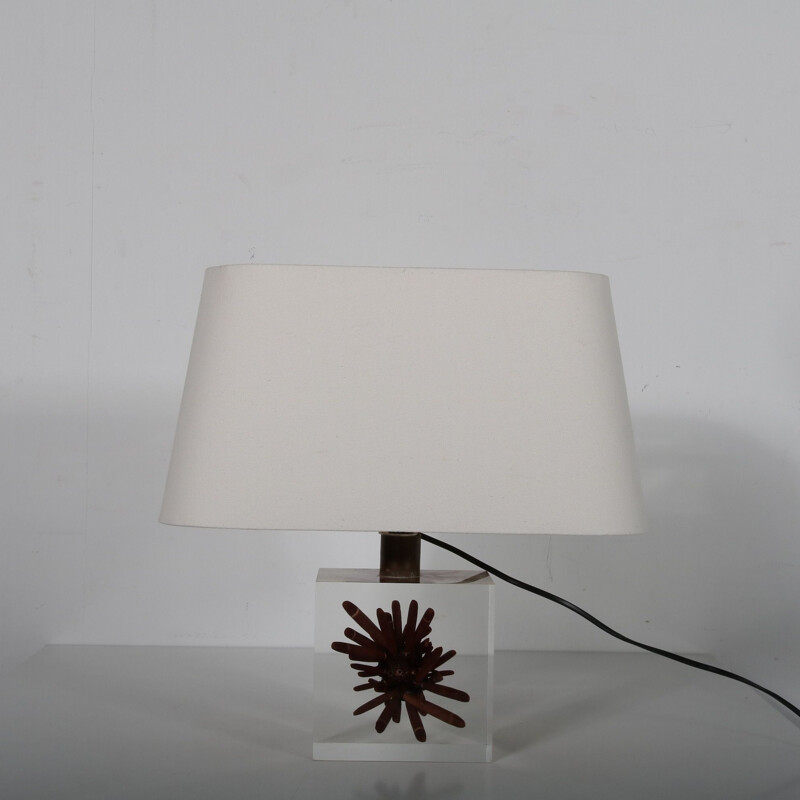 Vintage resin table lamp with coral by Pierre Giraudon, France 1970