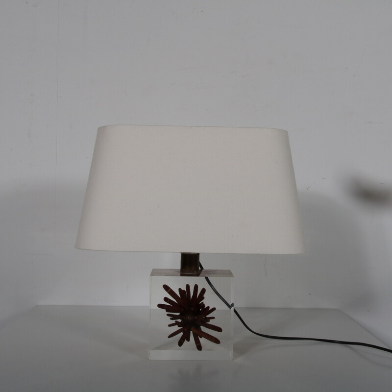 Vintage resin table lamp with coral by Pierre Giraudon, France 1970
