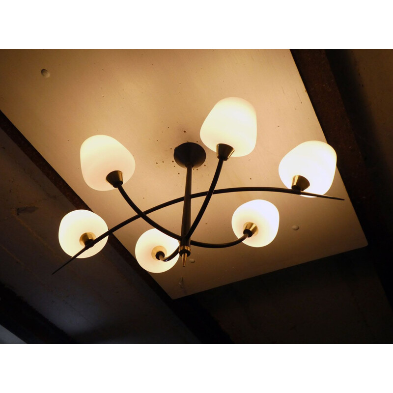 Vintage metal and brass chandelier, 1950