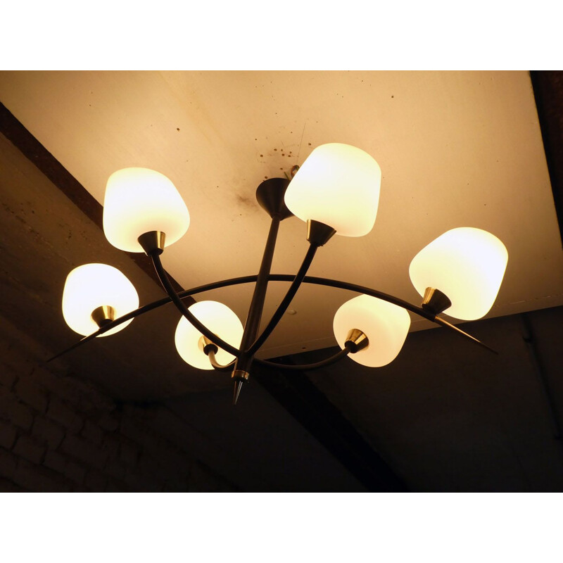 Vintage metal and brass chandelier, 1950