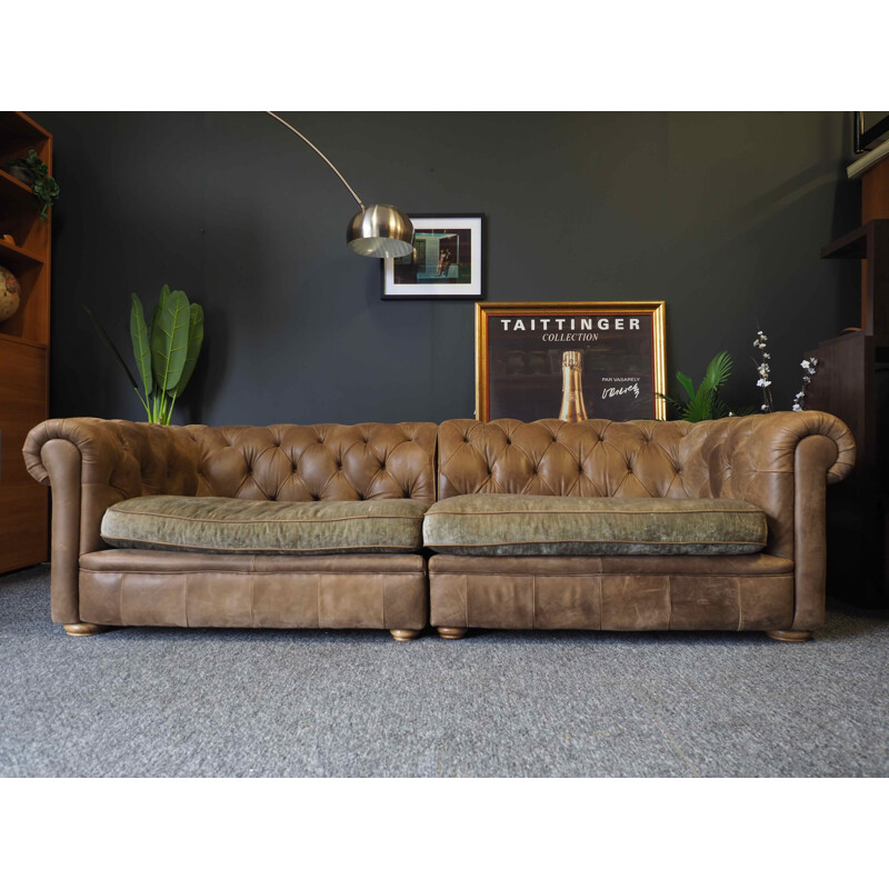 Chesterfield Style vintage Four Seater Sofa Settee Brown Leather 