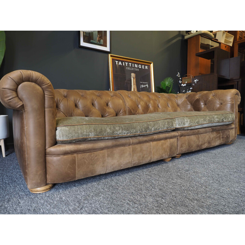 Chesterfield Style vintage Four Seater Sofa Settee Brown Leather 