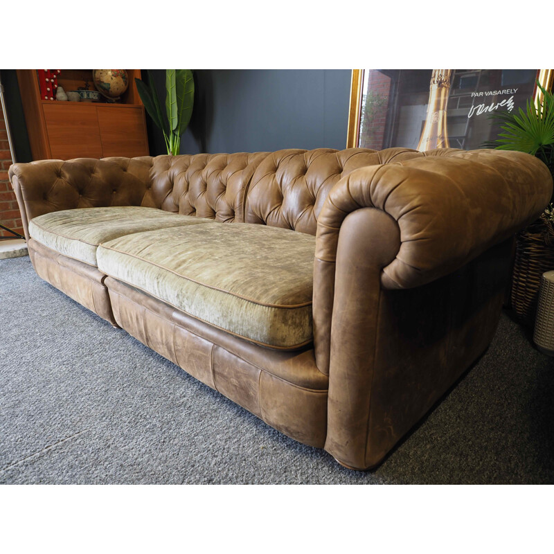 Chesterfield Style vintage Four Seater Sofa Settee Brown Leather 