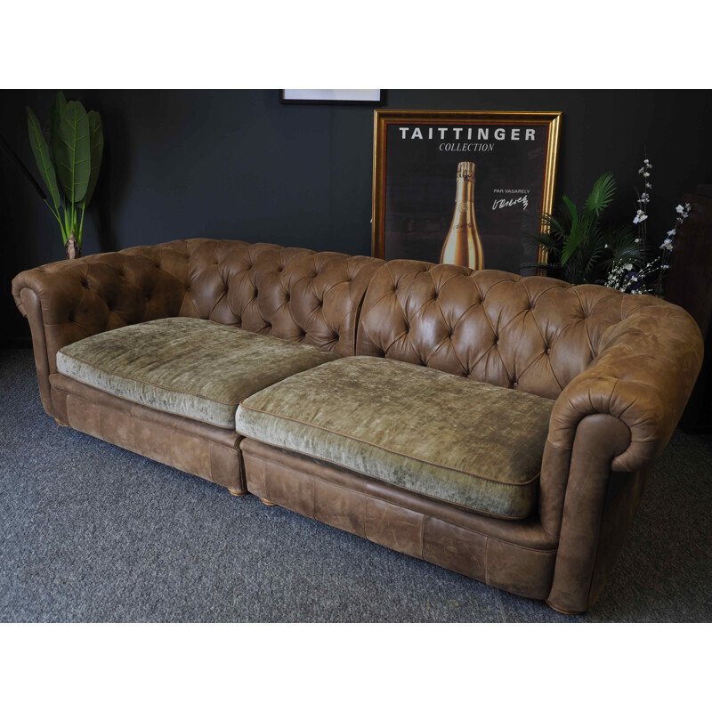 Chesterfield Style vintage Four Seater Sofa Settee Brown Leather 