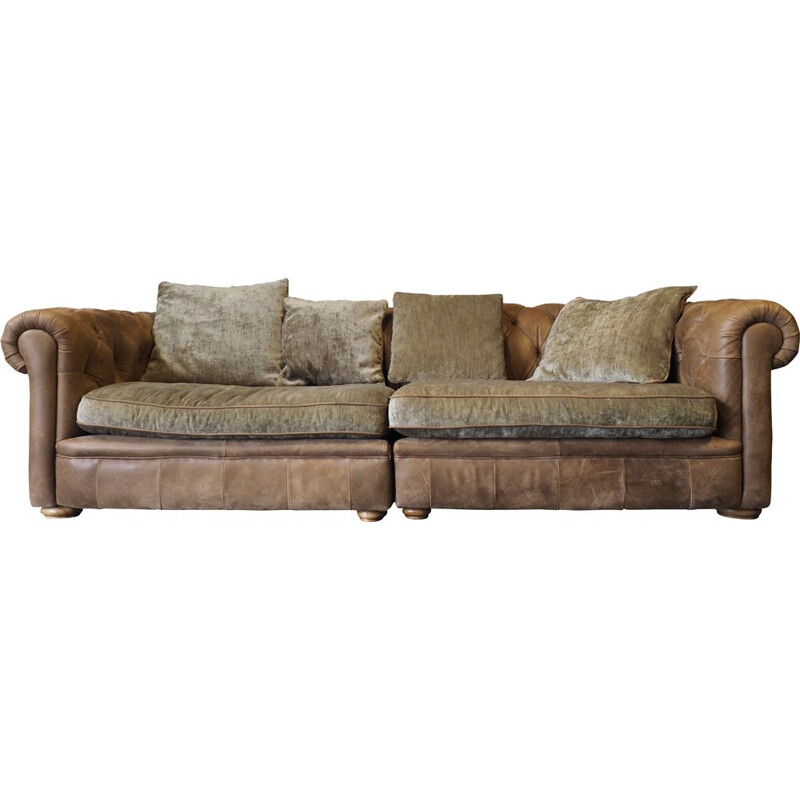 Chesterfield Style vintage Four Seater Sofa Settee Brown Leather 