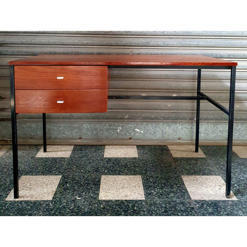 Vintage modernist teak and metal desk by Pierre Guariche Pour Meurop, 1960