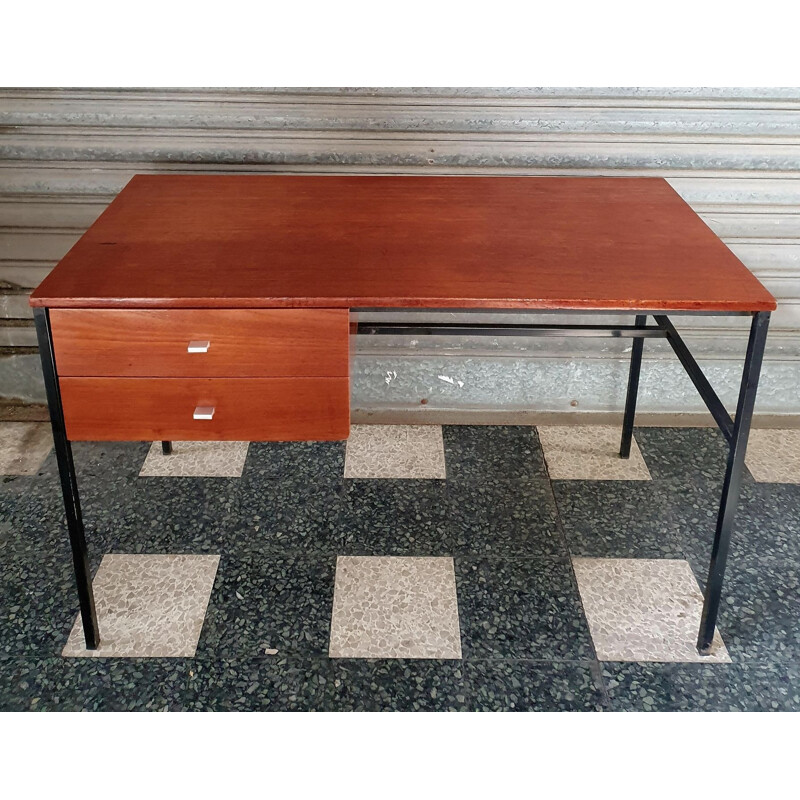 Vintage modernist teak and metal desk by Pierre Guariche Pour Meurop, 1960