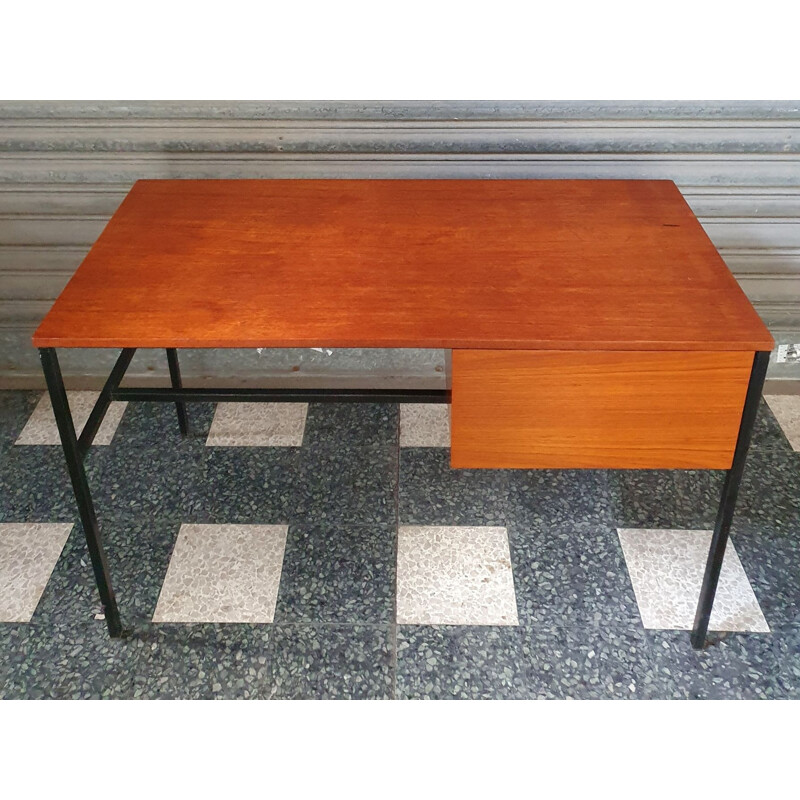 Vintage modernist teak and metal desk by Pierre Guariche Pour Meurop, 1960