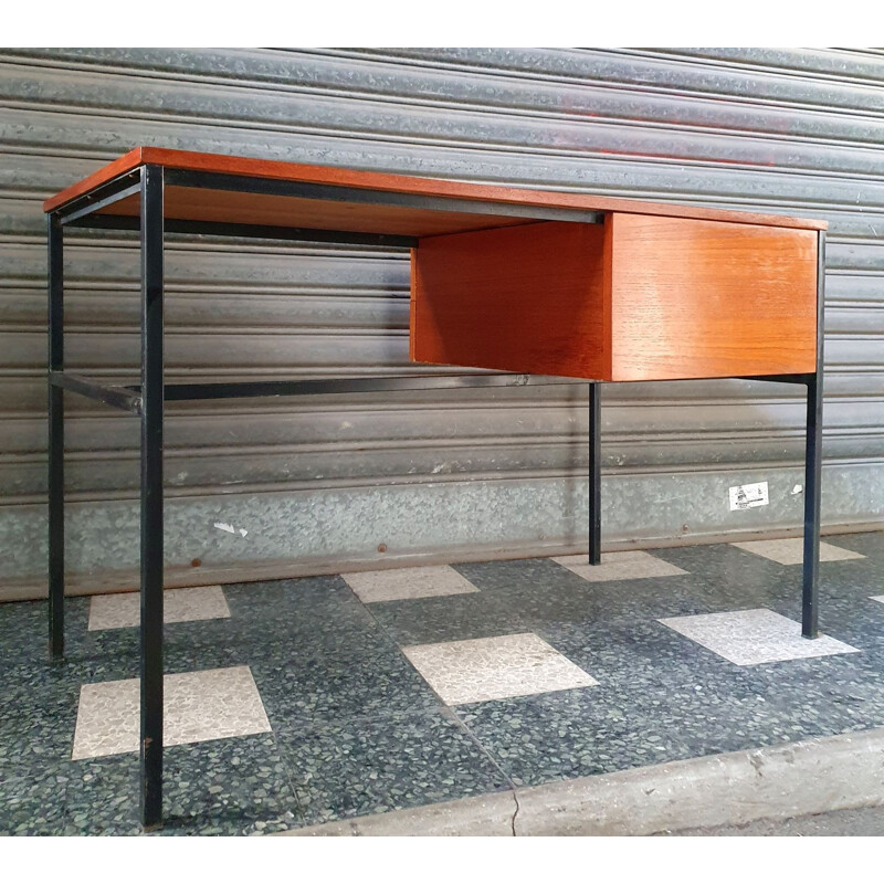 Vintage modernist teak and metal desk by Pierre Guariche Pour Meurop, 1960