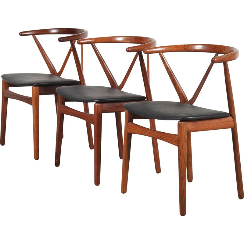 Ensemble de 3 chaises à repas vintage en palissandre par Henning Kjaernulf pour Bruno Hansen, Danemark, années 1960