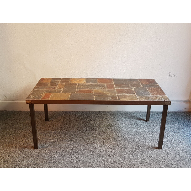 Vintage coffee table in slate and brushed metal 1960